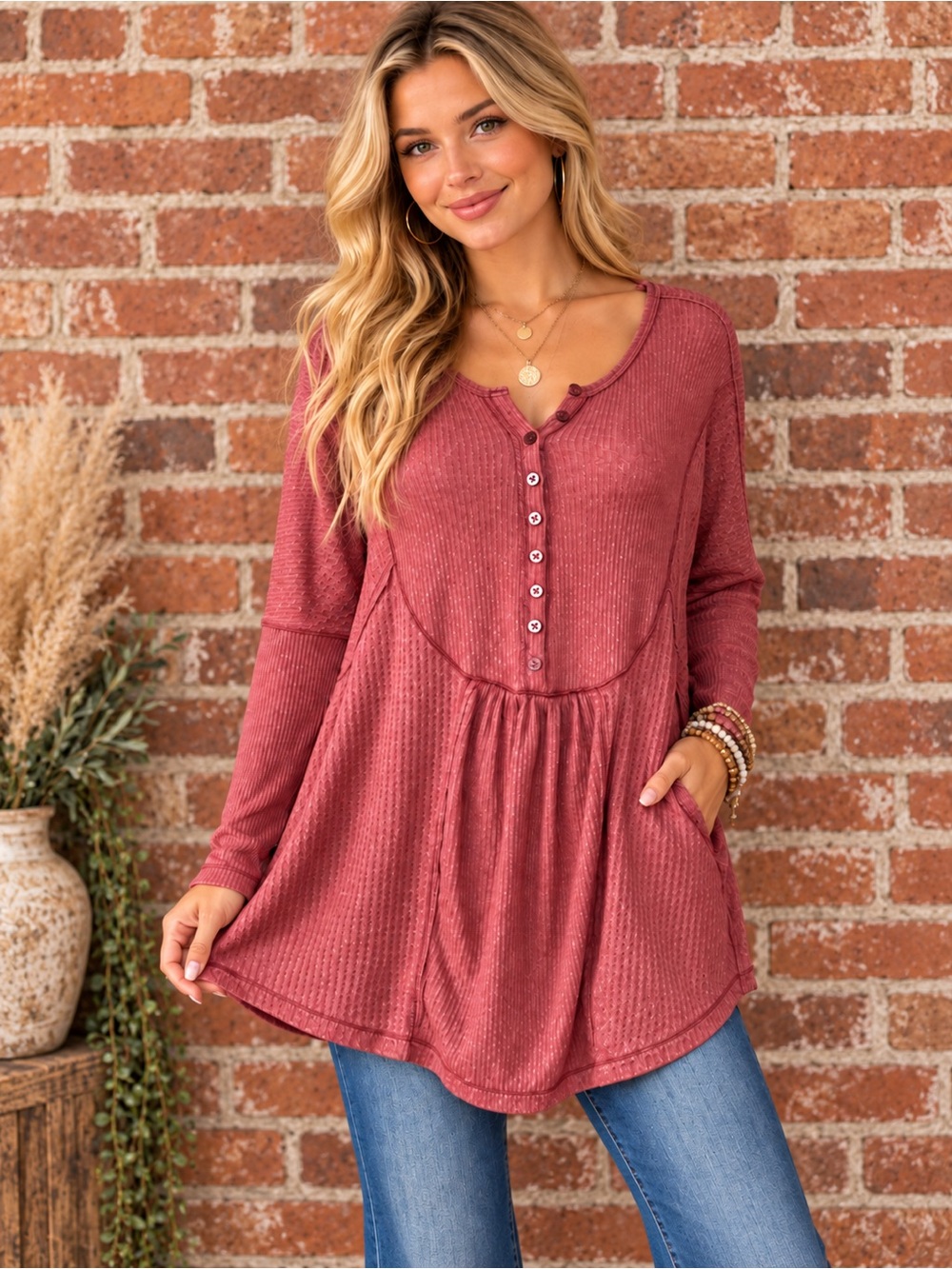 Free People Rose Pink Oversized Henley Long-Sleeve Top